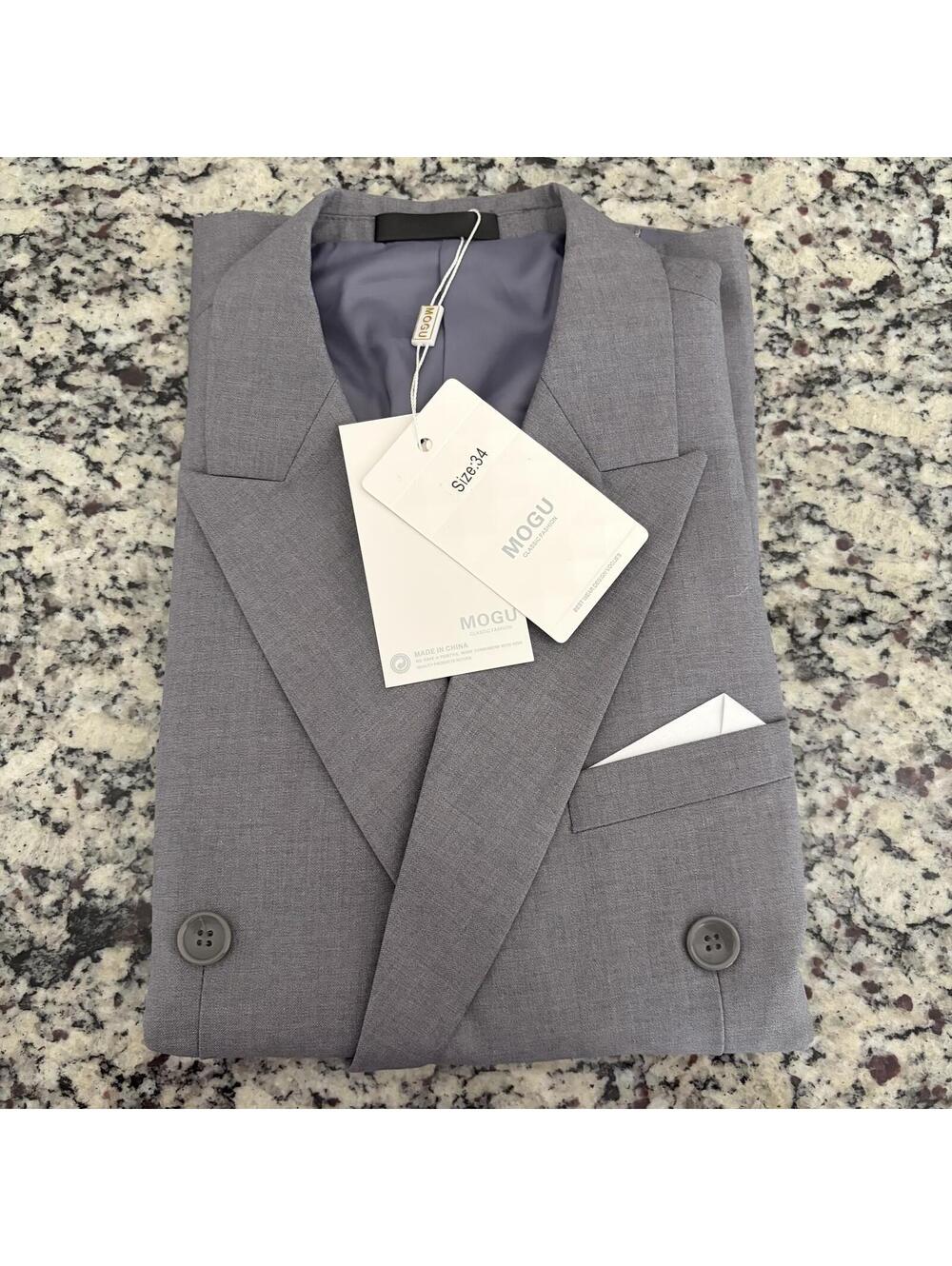 MOGU Men's Gray Double-Breasted Suit Jacket Size 34 R